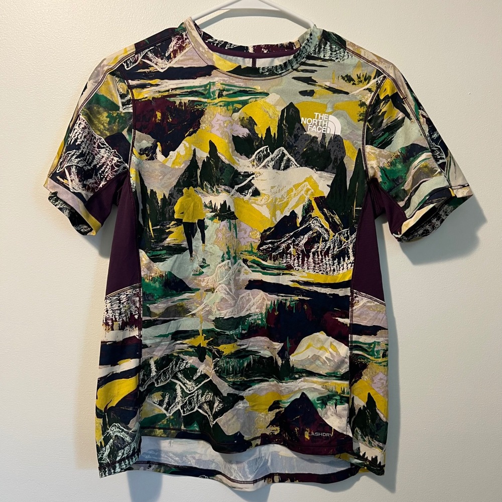 The North Face Womens FlashDry Mountain Graphic Hiking T-Shirt Purple Yellow S